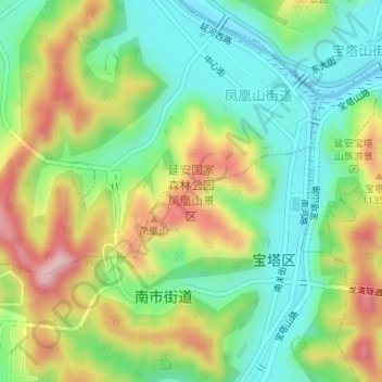 Topografische kaart 延安国家森林公园凤凰山景区, hoogte, reliëf