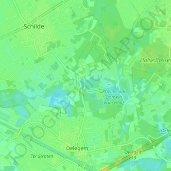 Topografische kaart Vallei van het Schijn met kastelen Schilde, Bleekhof en Vrieselhof, hoogte, reliëf