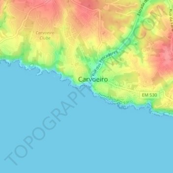 Topografische kaart Praia do Carvoeiro, hoogte, reliëf