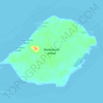 Topografische kaart Mantabuan Island, hoogte, reliëf