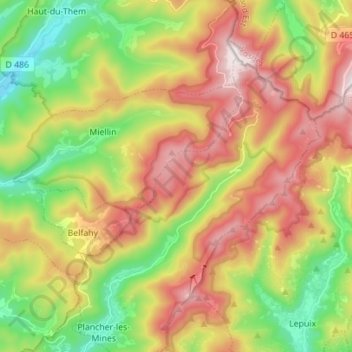 Topografische kaart Réserve naturelle des Ballons Comtois, hoogte, reliëf