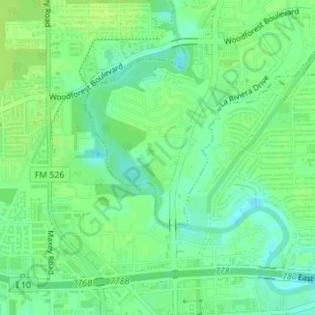 Topografische kaart Greens Bayou, hoogte, reliëf