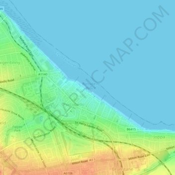 Topografische kaart Portobello Beach, hoogte, reliëf