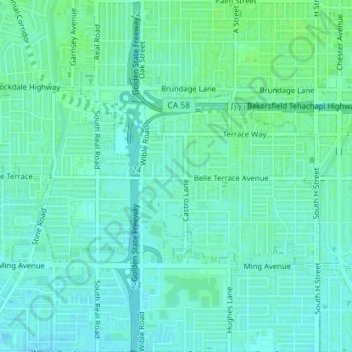 Topografische kaart City of Bakersfield, hoogte, reliëf