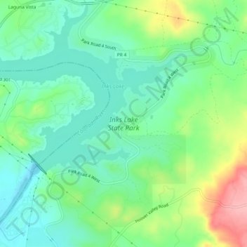 Topografische kaart Inks Lake State Park, hoogte, reliëf