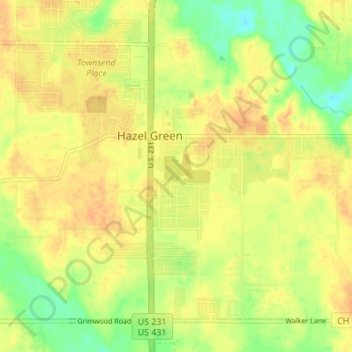 Topografische kaart Hazel Green, hoogte, reliëf