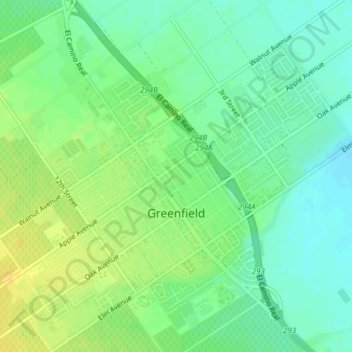 Topografische kaart Greenfield, hoogte, reliëf