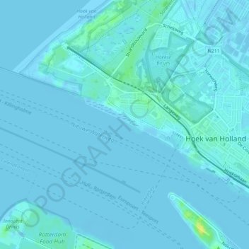 Topografische kaart Nieuwe Waterweg, hoogte, reliëf