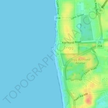 Topografische kaart Trigg Beach, hoogte, reliëf