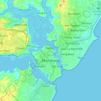 Topografische kaart Mombasa, hoogte, reliëf
