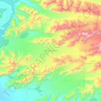 Topografische kaart Miles Glacier, hoogte, reliëf