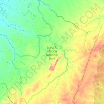 Topografische kaart Lavushi Manda National Park, hoogte, reliëf