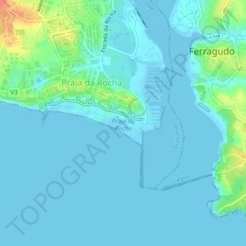 Topografische kaart Praia da Rocha, hoogte, reliëf