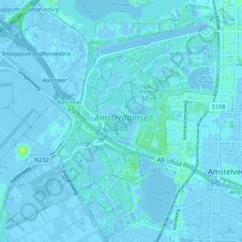 Topografische kaart Amsterdamse Bos, hoogte, reliëf