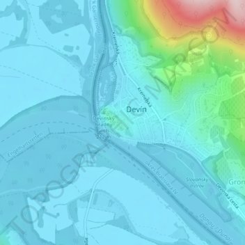 Topografische kaart Devín Castle, hoogte, reliëf