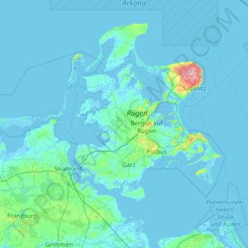 Topografische kaart Rügen, hoogte, reliëf