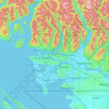 Topografische kaart Metro Vancouver Regional District, hoogte, reliëf