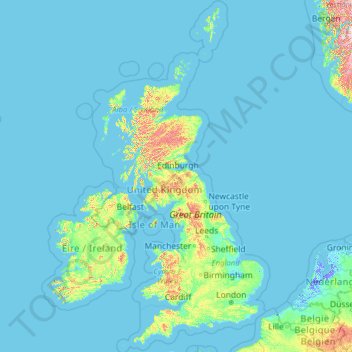 Topografische kaart Verenigd Koninkrijk, hoogte, reliëf
