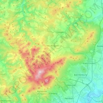 Topografische kaart Hochtaunuskreis, hoogte, reliëf