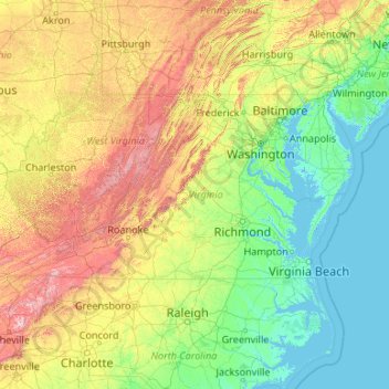 Topografische kaart Virginia, hoogte, reliëf