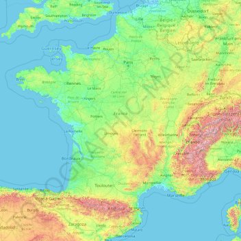 Topografische kaart Metropolitaans Frankrijk, hoogte, reliëf