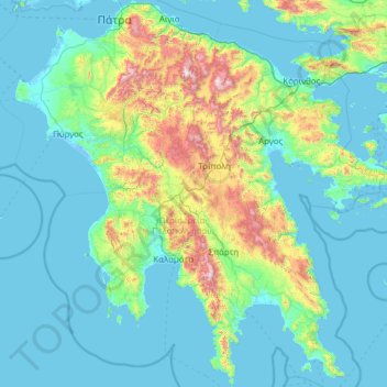 Topografische kaart Peloponnesos, hoogte, reliëf