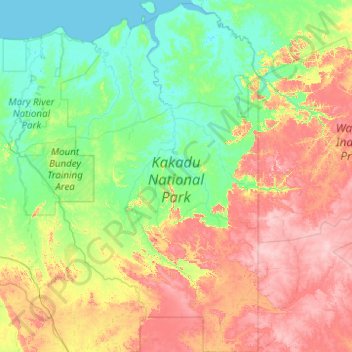 Kakadu National Park Map Topografische Kaart Kakadu National Park, Hoogte, Reliëf