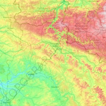 Topografische kaart Ardennes, hoogte, reliëf